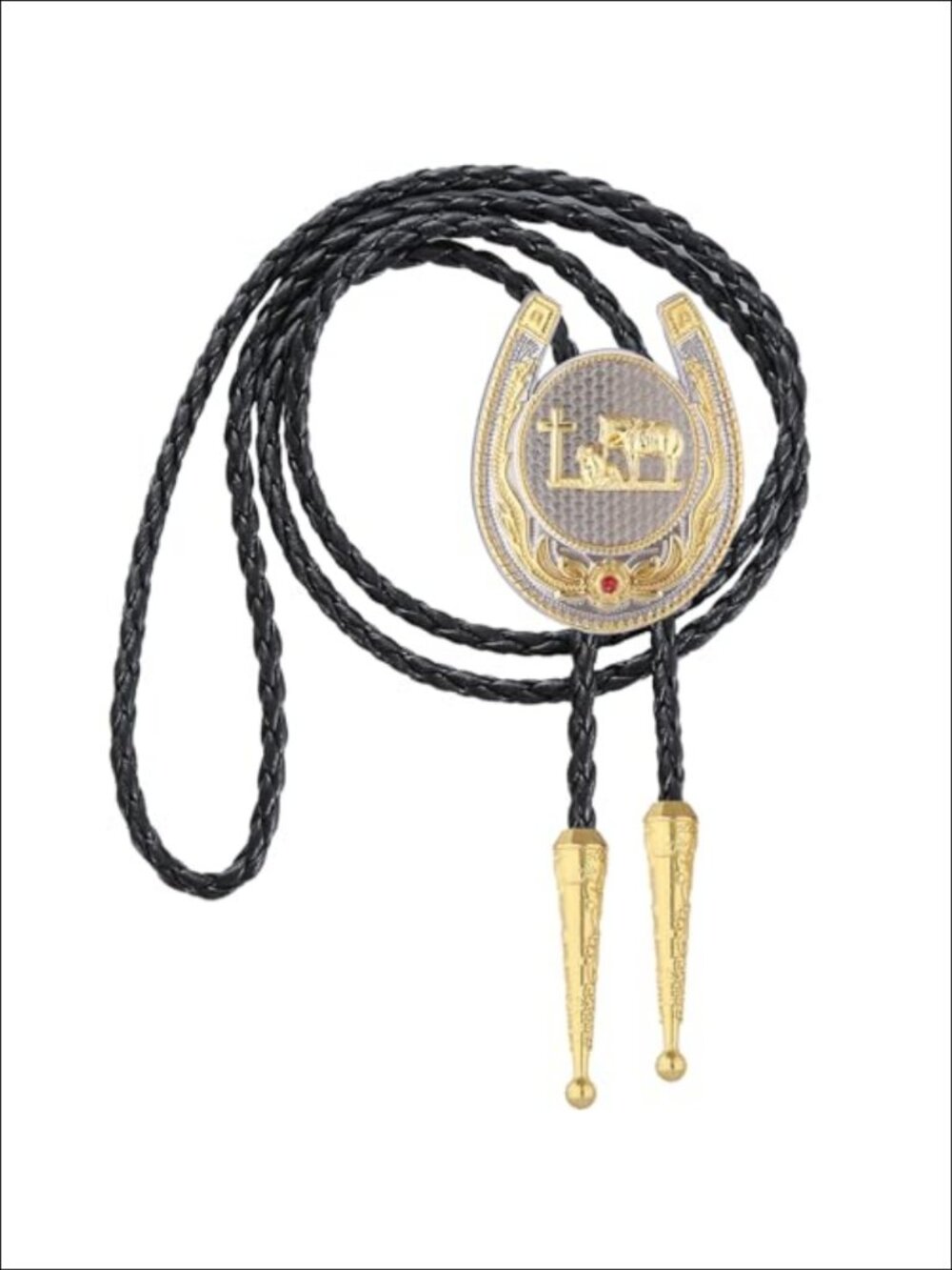 Gold Plated Cross Prayer Bolo Tie Hand Braided Leather Western Necktie